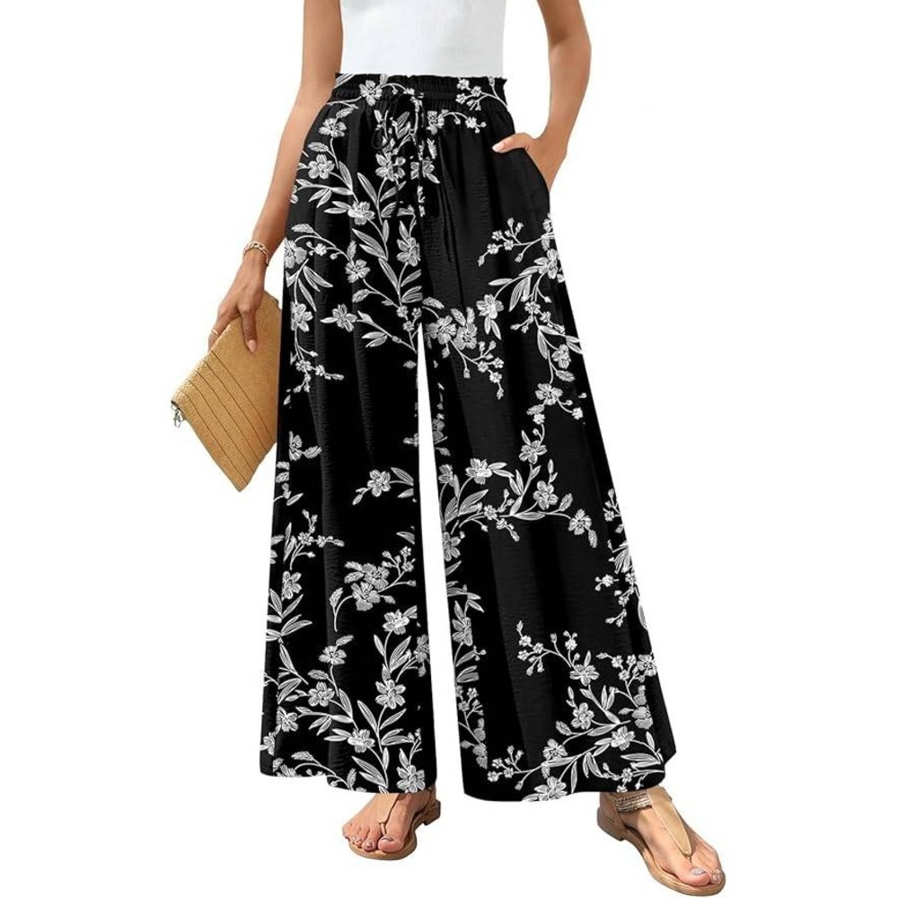 Floral Wide Leg Palazzo Pants Cropped Pockets XL Casual Navy Blue Flowy Boho